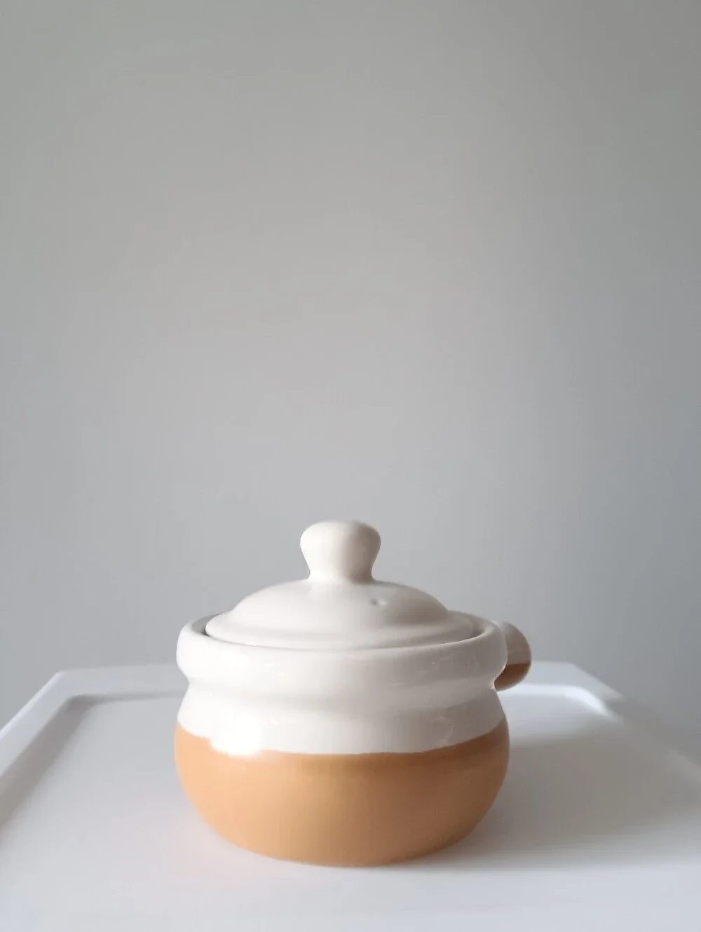 Vintage Handled Ceramic Crock French Onion Soup Bowl & Lid Bakeware Tan White